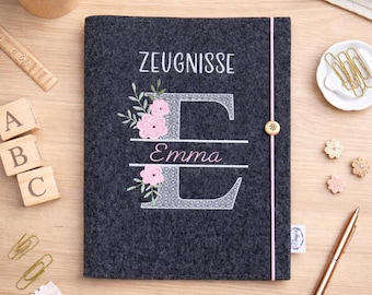 Zeugnismappe mit Namen Monogramm Initalien und Blumen personalisiert Geschenk zur Einschulung Dokumentenmappe Zeugnisse