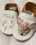 Leather baby shoes/crawling shoes/slippers with boho deer, flowers, and personalized name embroidery product logo