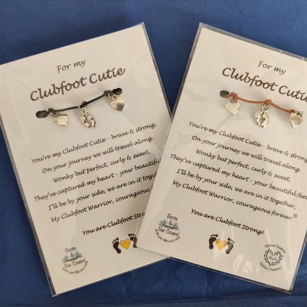 Clubfoot Talipes Bracelets, Tibetan Silver, Feet & Heart Charms, with a poem keepsake card. Boots and Bar Celebration