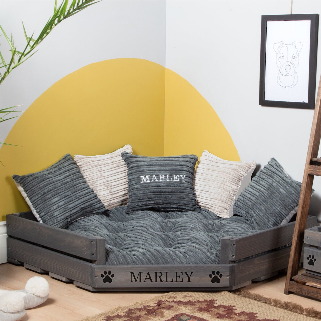 Personalised Corner Dog Bed in Wood or Grey Cat Bed With a - Etsy