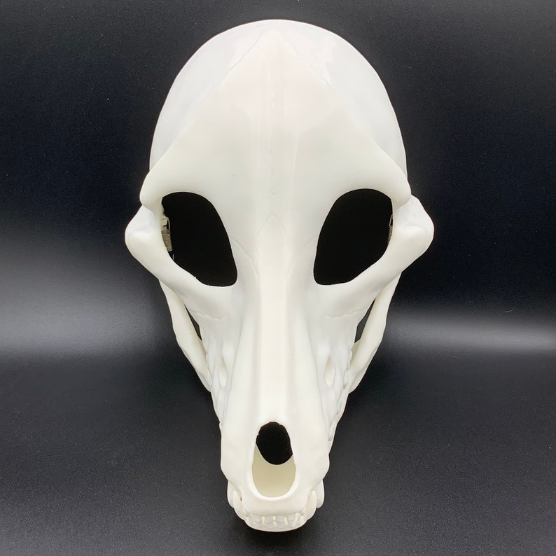 K&ouml;nnte beinhalten: Wei&szlig;e Plastikmaske eines Hundeskulls mit Augenl&ouml;chern und einem Nasenloch. Die Maske ist eine 3D-gedruckte Nachbildung eines Hundeskulls.
