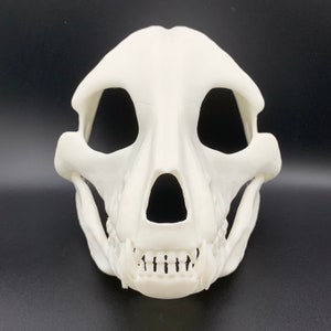 K&ouml;nnte beinhalten: Eine wei&szlig;e Plastik-Sch&auml;delmaske mit detailliertem Design, einschlie&szlig;lich Augenh&ouml;hlen, Nase und Z&auml;hnen. Die Maske ist eine realistische Darstellung eines Hundesch&auml;dels.