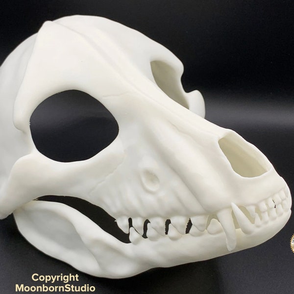 Canine Bone Skull Realistic Skulldog Mask - Movable Moving Hinge Jaw- 3D Printed Wolf Dog Fursuit Base Costume Cosplay Tribal Shaman
