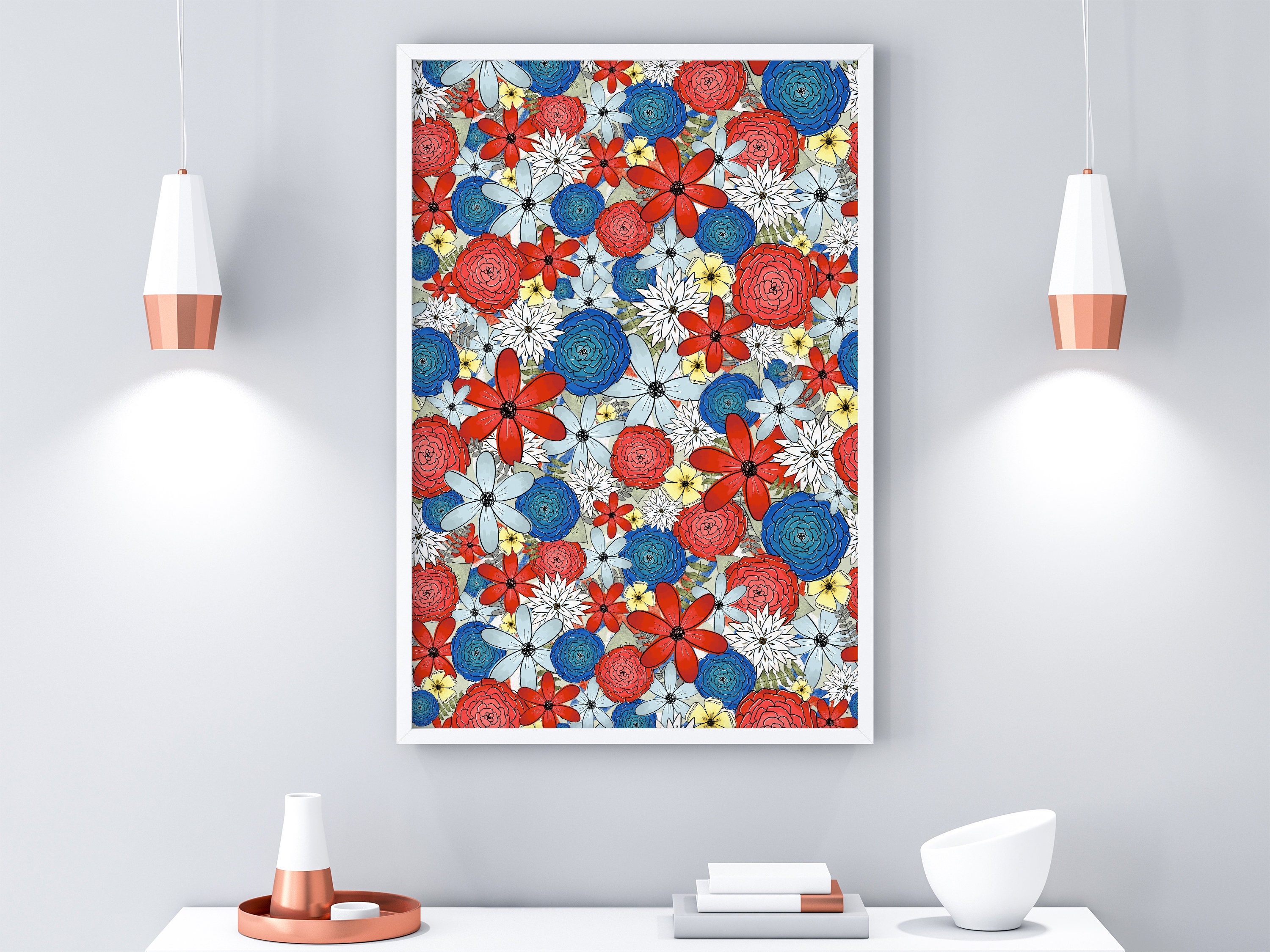 Patriotic Floral Digital Art Print / Rojo blanco azul flor Etsy España