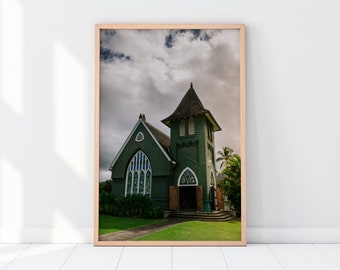 Wai‘oli Hui‘ia kyrka Kauai utskrivbar - Hawaii Island arkitekturfotografi, tropisk landskapskonst - omedelbar digital nedladdning