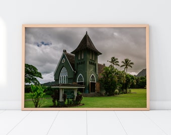 Utskrivbar väggkonst, Wai'oli Hui'ia kyrka, Hanalei, Kauai, Hawaii | Tropisk ö-arkitekturfotografitryck | Omedelbar digital nedladdning