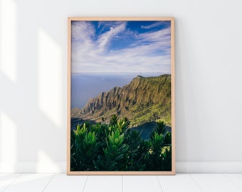 May include: A framed photograph of a mountain range with lush green vegetation and a blue sky with white clouds. The mountain range is in the distance, and the foreground is filled with green foliage.
