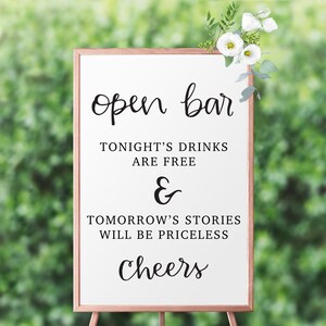Open Bar Drinks Stories Priceless Cheers Wedding Sign | Wedding Reception Open Bar Printable | Instant Digital Download