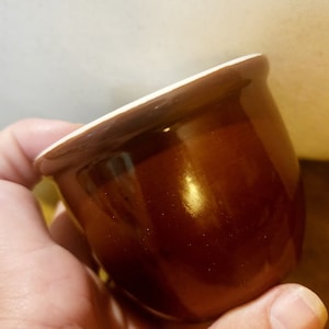 May include: A brown ceramic ramekin with a white rim. The ramekin is smooth and glossy.