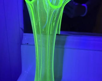 Vintage Imperial Uranium Vaseline 6-petal Green Glass Vase - 9.75 inches tall, swung top.