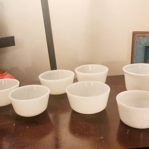 Large 7 piece Lot of Vintage White Milk Glass Small Bowls - Custard Cups - Dishes - Fire King - Pyrex and more!