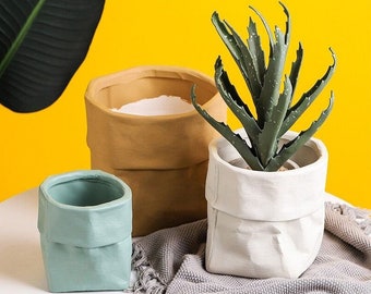Colorful Ceramic Planter Bag, Ceramic Kraft Paper Bag Planter, Succulent Planter, Ceramic Bag Plant Stand, Plant Holder, Scandinavian Decor