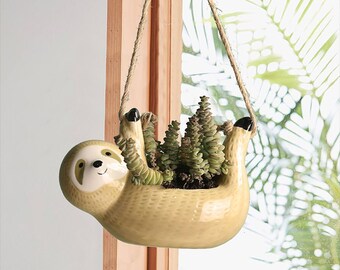 Sloth Hanging Planter Indoor, Hanging Ceramic Planter, Sloth Gifts Succulent Planter, Hanging Cache Pot de Fleur, Sloth Decor Animal Planter