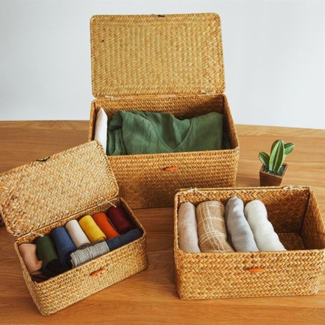 Cesta de almacenamiento de ratán con tapa caja de | Etsy