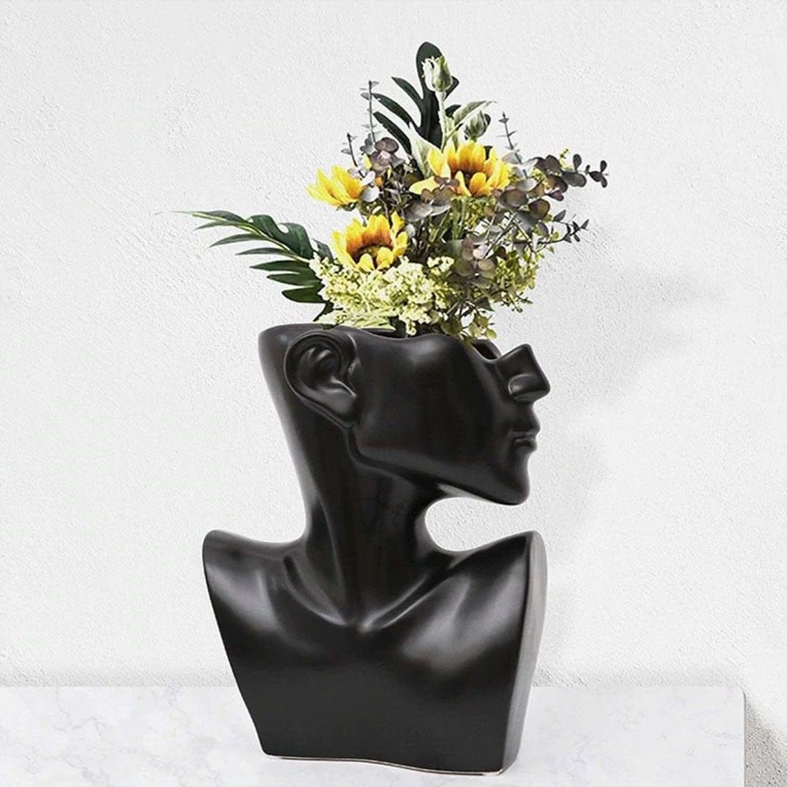 Lady Face Vase Gold Head Vase Black Lady Head Planter Face Etsy