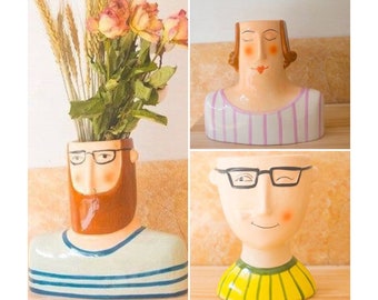 Beard Sailor Flower Vase, Head Vase, Ceramic Vase, Lady Head Planter, Winking Face Planter Indoor, Flowers Vase, Modern Vase, Lady Vase