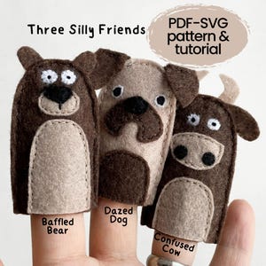 SVG, PDF Felt Finger Puppet Pattern Bundle: Bear, Dog, Cow Sewing Tutorial (Instant Download)