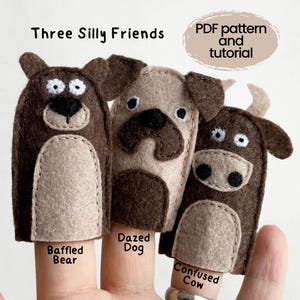DIY vilten vingerpop pdf-naaipatroon en tutorial, Three Silly Friends: Bear, Dog, Cow, Geen naaimachine nodig, Geschikt voor beginners