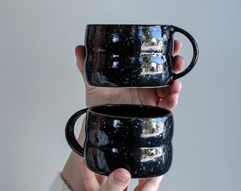 Coffe mug, ceramics, pottery, glossy black with dots