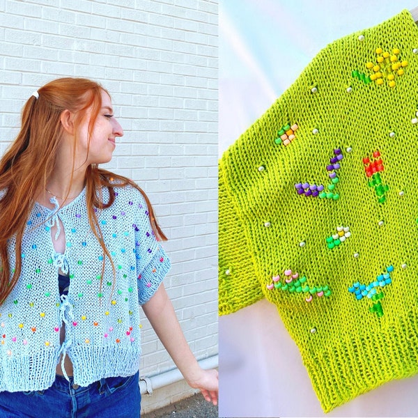 Beaded knit summer top with front ties: beginner knitting pattern