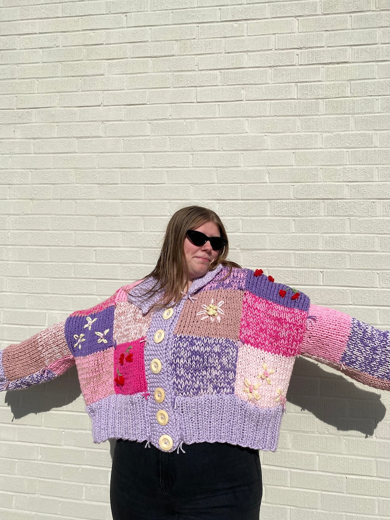 KNIT Patchwork Cardigan With Embroidery Beginner Knitting Etsy