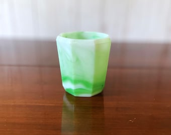Akro Agate Toothpick Holder, Green and White Slag Glass, Vintage Made in West Virginia, Mini Planter