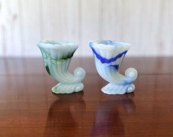 Akro Agate Cornucopia Vases, Green and White Slag Glass, Blue and White Slag Glass, Made in West Virginia, Akro Lot