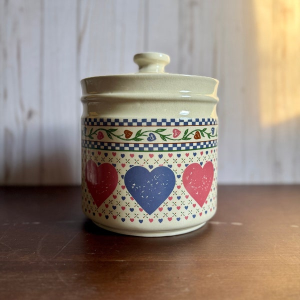Vintage Hearts Kitchen Canister, Vintage Valentine's Day Cookie Jar, Lidded Crock, Pink Purple Hearts, 90s Kitchen Hearts Delight Collection