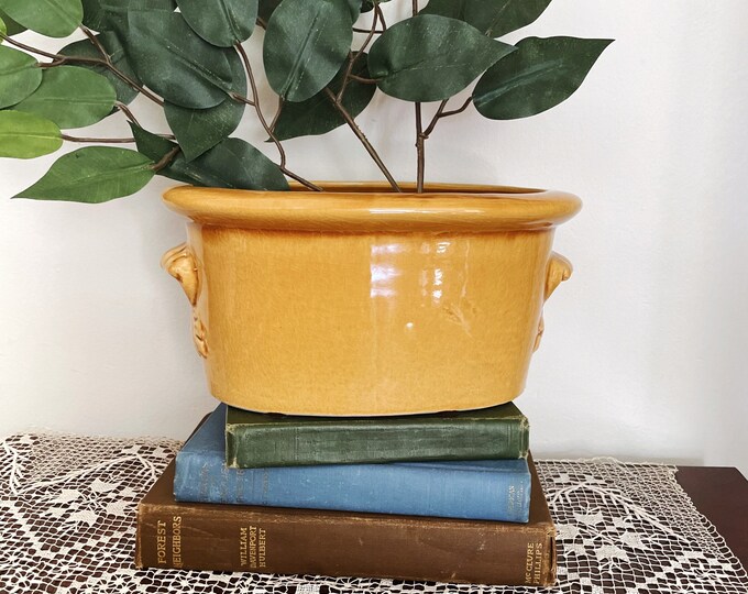 Vintage Mustard Yellow Planter, Oval Large Planter, Ornate Handled