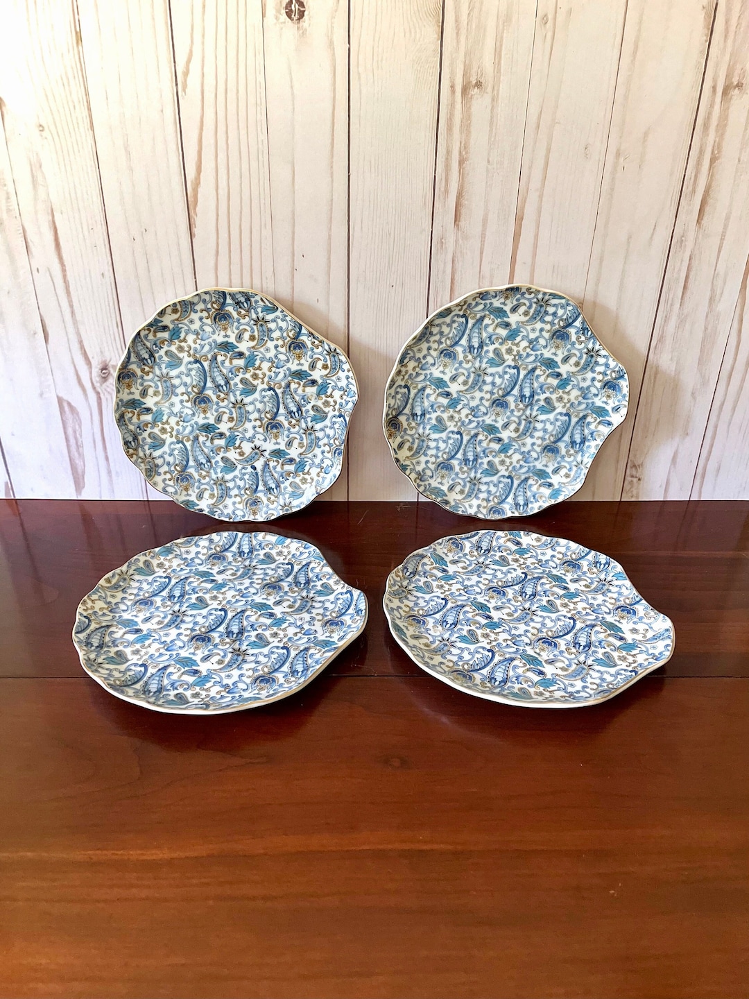 Vintage Snack Plates, Blue Paisley Dishes, Set of 4 Lefton China Snack