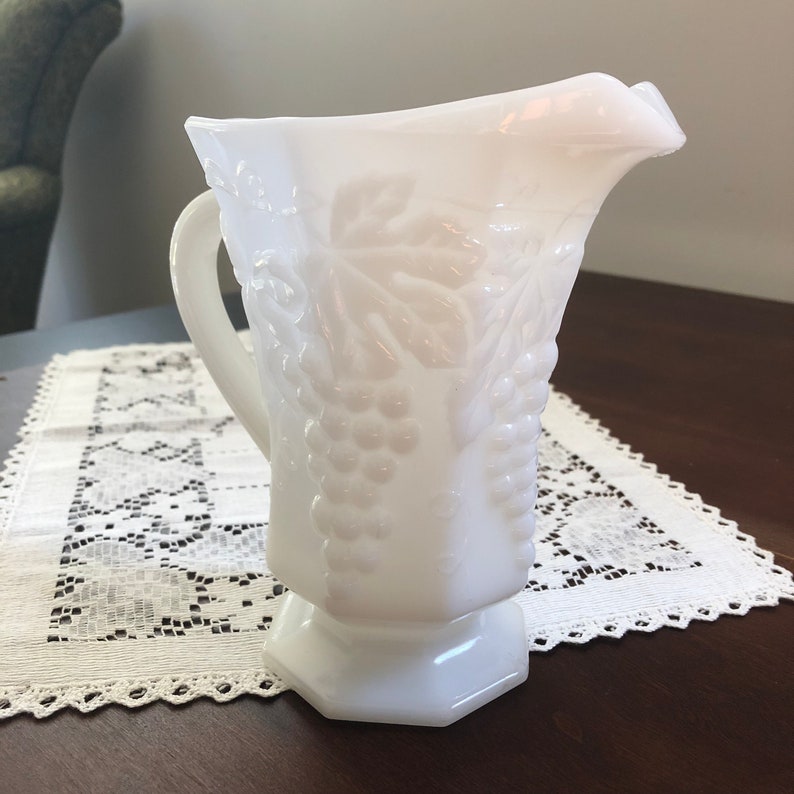 Vintage Milk Glass Pitcher Grapes And Leaves Anchor Hocking Etsy