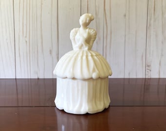 Vintage Powder Jar, Akro Agate Colonial Lady, Pale Pink Lady in Fancy Dress, Cottagecore Treasure, Vanity Display, Made in West Virginia