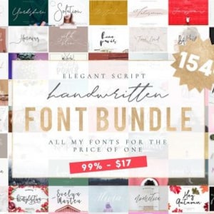 May include: A collage of 154+ handwritten fonts in a bundle for $17. The fonts are displayed in a grid of squares with a variety of backgrounds and colors. The text "ELEGANT SCRIPT handwritten FONT BUNDLE" is displayed in a large, bold font at the center of the image. The text "ALL MY FONTS FOR THE PRICE OF ONE" is displayed below the title. The text "99% - $17" is displayed in a red box at the bottom of the image.