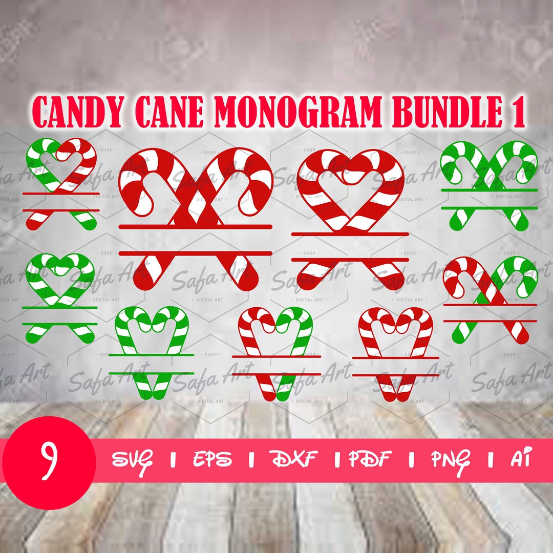 Candy Cane Monogram SVG Bundle, Christmas Split Name Frame (digital ...