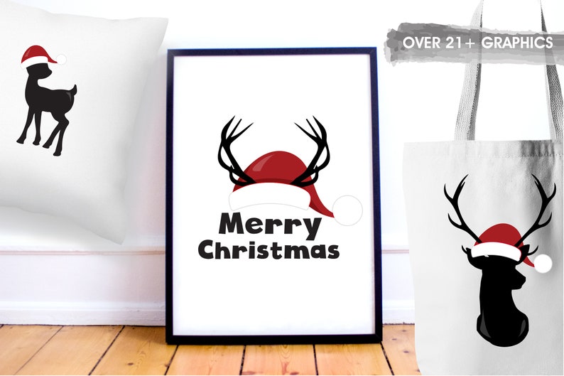 May include: A set of three Christmas-themed designs featuring a reindeer wearing a Santa hat. The designs are printed on a pillow, tote bag, and framed print. The print says "Merry Christmas".