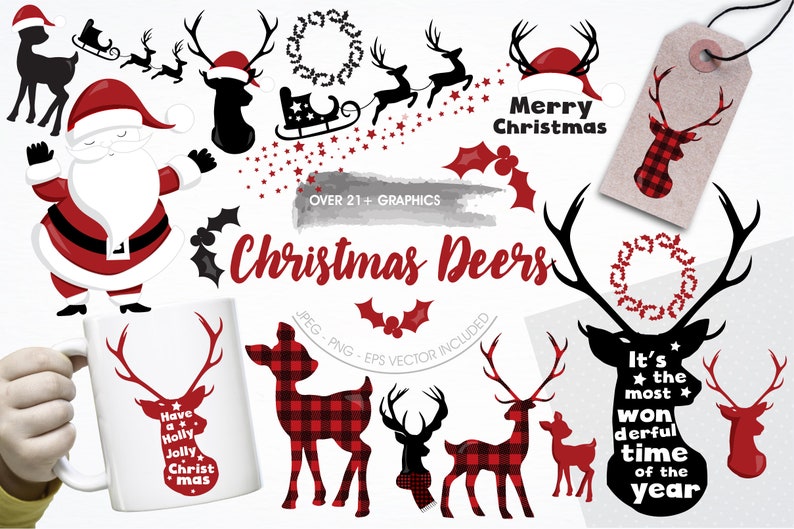 May include: A set of 21 Christmas deer graphics in black, red, and white. The graphics include a Santa Claus, a deer with a wreath, a deer with a plaid pattern, and a deer with the text "It's the most wonderful time of the year".