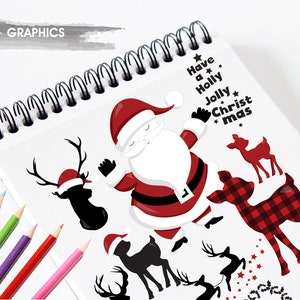 May include: A set of Christmas-themed digital graphics featuring Santa Claus, reindeer, and the text "Have a Holly Jolly Christmas". The graphics are in black, red, and white.