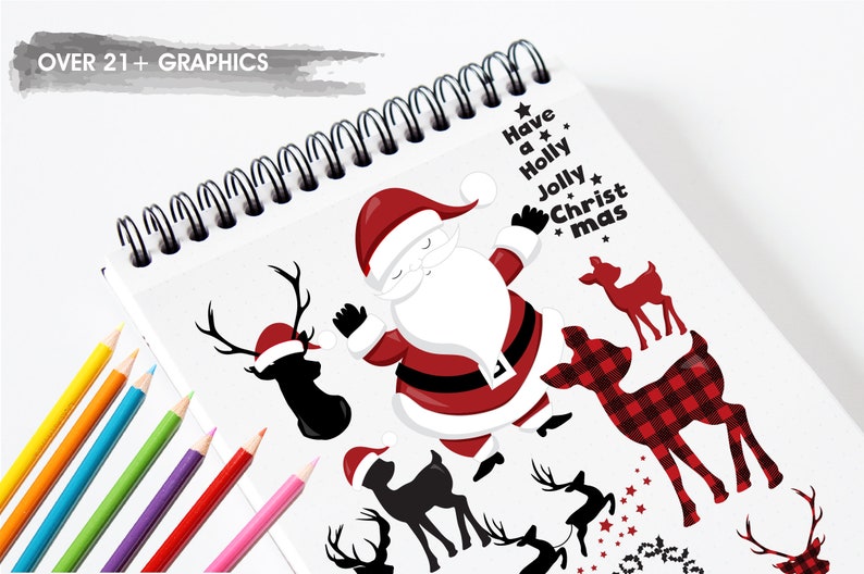 May include: A set of Christmas-themed digital graphics featuring Santa Claus, reindeer, and the text "Have a Holly Jolly Christmas". The graphics are in black, red, and white.
