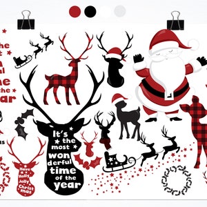 May include: A set of Christmas-themed digital clipart featuring red and black plaid reindeer, a Santa Claus, wreaths, stars, and text that reads "It's the most wonderful time of the year" and "Have a Holly Jolly Christmas".