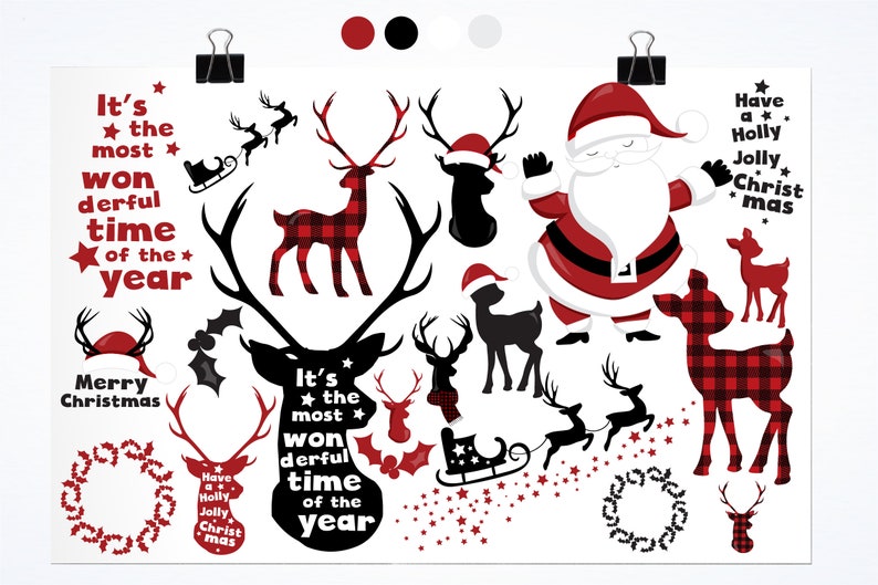 May include: A set of Christmas-themed digital clipart featuring red and black plaid reindeer, a Santa Claus, wreaths, stars, and text that reads "It's the most wonderful time of the year" and "Have a Holly Jolly Christmas".