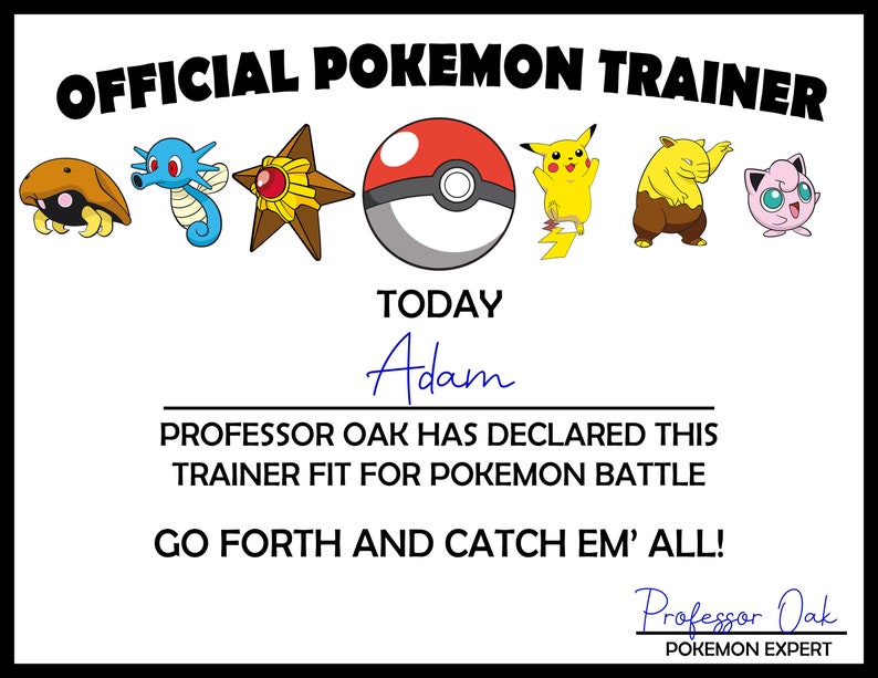Pokemon Official Trainer Certificate Pokemon Birthday Etsy