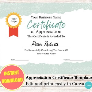 May include: A certificate template with a gold seal and red ribbon, featuring the text "Certificate of Appreciation" and "Peter Roberts." The design includes a light green watercolor wash and the words "Instant Download."