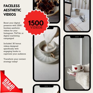 Op de afbeelding: Een rode sterburst-afbeelding met de tekst "1500 VIDEOS" in zwarte tekst. De afbeelding wordt omringd door vier afbeeldingen van koffie, wafels en een laptop met een notitieboekje en pen. De tekst "FACELESS AESTHETIC VIDEOS" staat bovenaan de afbeelding. De tekst "Verhoog uw digitale aanwezigheid met 1500 gezichtsloze esthetische video's voor uw Instagram, TikTok of digitale marketingcampagnes! Inbegrepen: 30 bonusvideo's die speciaal zijn ontworpen met pakkende hooks om uw publiek te boeien. Transformeer uw contentstrategie vandaag!" staat aan de linkerkant van de afbeelding. De tekst "LIMITED OFFER" staat in een rode sterburst-afbeelding linksonder in de afbeelding.