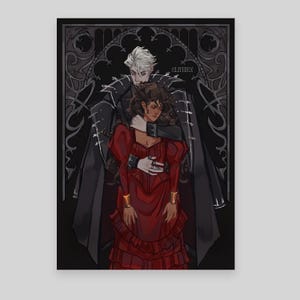 以下が含まれることがあります： ゴシック様式のイラスト。白い髪と黒いコートの人物が、赤いドレスを着た人物を抱きしめています。背景は暗く、ゴシック建築の要素があります。アーティスト名「ELITHIEN」が確認できます。