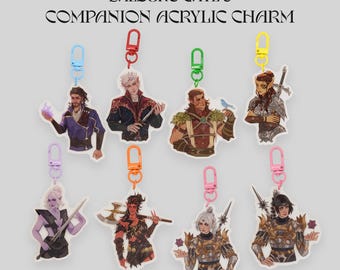 May include: Eight colourful acrylic charms featuring characters from the video game Baldur's Gate 3. Each charm is attached to a silver keyring. The characters are depicted in a cartoon style and include a variety of races and genders.
