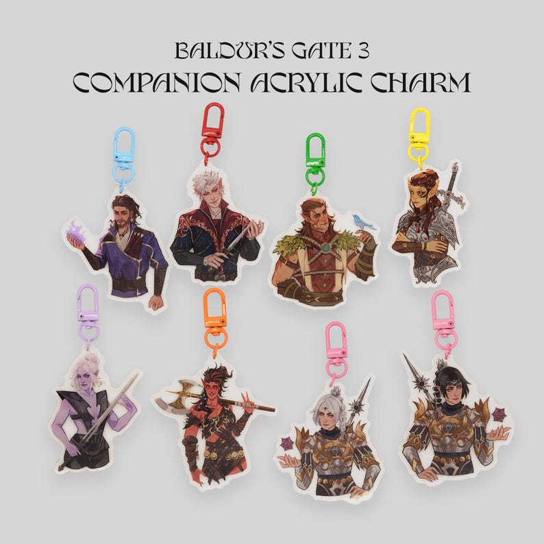 May include: Eight colorful acrylic charms featuring characters from the video game Baldur's Gate 3. Each charm is attached to a silver key ring. The characters are depicted in a cartoon style and include a variety of races and genders.