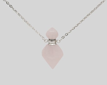Rose quartz natural crystal bottle silver necklace