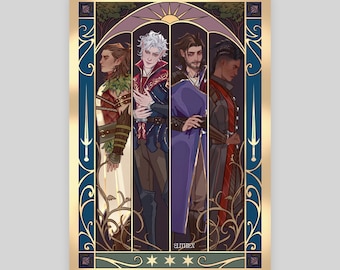May include: A rectangular art print featuring four distinct characters standing in arched panels. The border is dark blue with gold accents and sword motifs. The characters wear varied fantasy attire in shades of white, red, blue, and black.