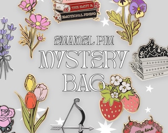 May include: A collection of enamel pins with floral and book designs, including a bow and arrow, strawberries, and a heart-shaped cake. The pins feature text like "I AM HERE FOR THE SMUT & EMOTIONAL PINING" and "My kink is karma". The words "ENAMEL PIN MYSTERY BAG" are also displayed.