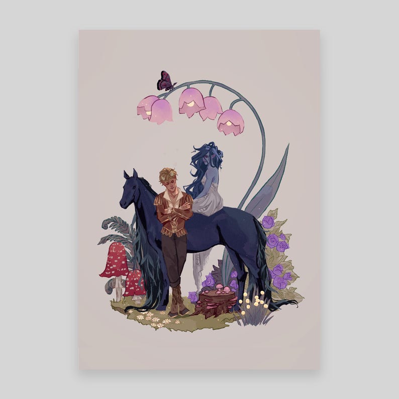 May include: An art print depicting a fantasy scene with a dark blue horse, a person with blonde hair, and a person with blue hair. The scene includes large pink flowers, mushrooms, and a butterfly. The colour palette is soft and muted.